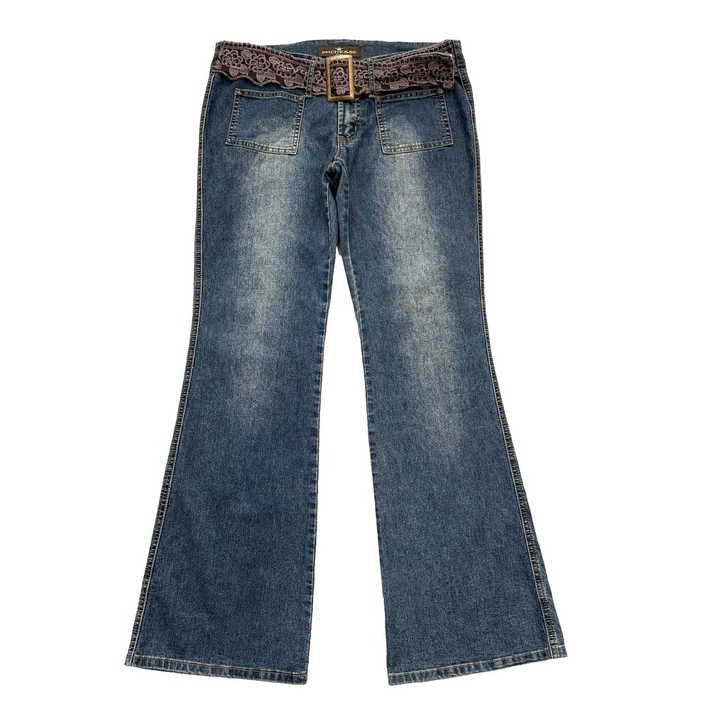 Vintage Y2K Low Rise Flare Jeans Lace Belt Women 10 M Boho Hippie Fairy Grunge